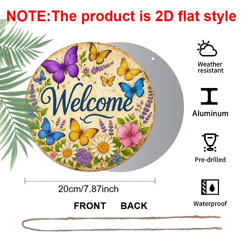

2D Flat 1pc Printing Aluminum Metal Sign, 8x8 in, Welcome Butterfly Wreath Round Metal Sign, Wall Home Room Farmhouse Home Street, Shop, Garage 1pc
