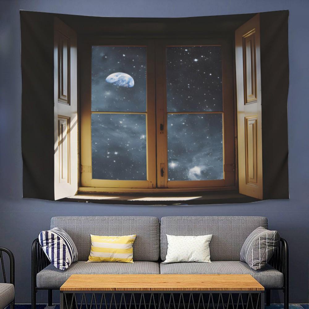 VIKAMAins Window with Stunning Landscape Live Streaming Wall Fabric Background Decorative Tapestry for Bedroom and Dormitory