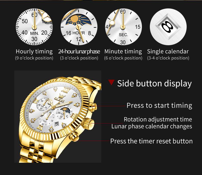 OLEVS 2932 Luxury Original Business Men's Watch 24 Hour Moon Phase Chronograph Waterproof Calendar Quartz Watch for Man