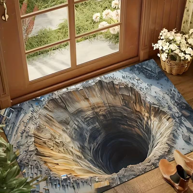 3D Görsel İllüzyon Paspas Gerçekçi Şehir Çukuru ve Kanalizasyon Kapağı Deseni Kaymaz Giriş Paspası Ev Banyo Dekorasyonu İçin