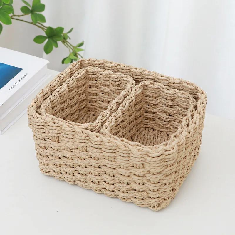 3pcs Handmade Straw Woven Soft Round Paper Rope Storage Basket for Organizing Decorative Storage Bins Office Storage Box