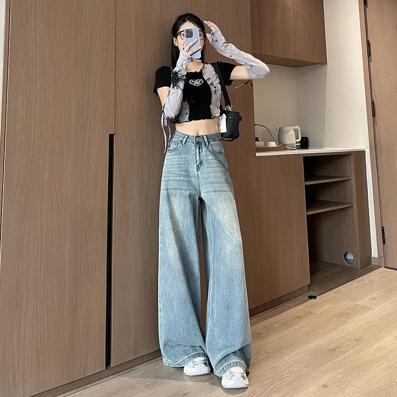 

Женские ретро джинсы с высокой талией и широкими штанинами 2025 - Весенне-осенние брюки свободного кроя с прямыми штанинами L синий