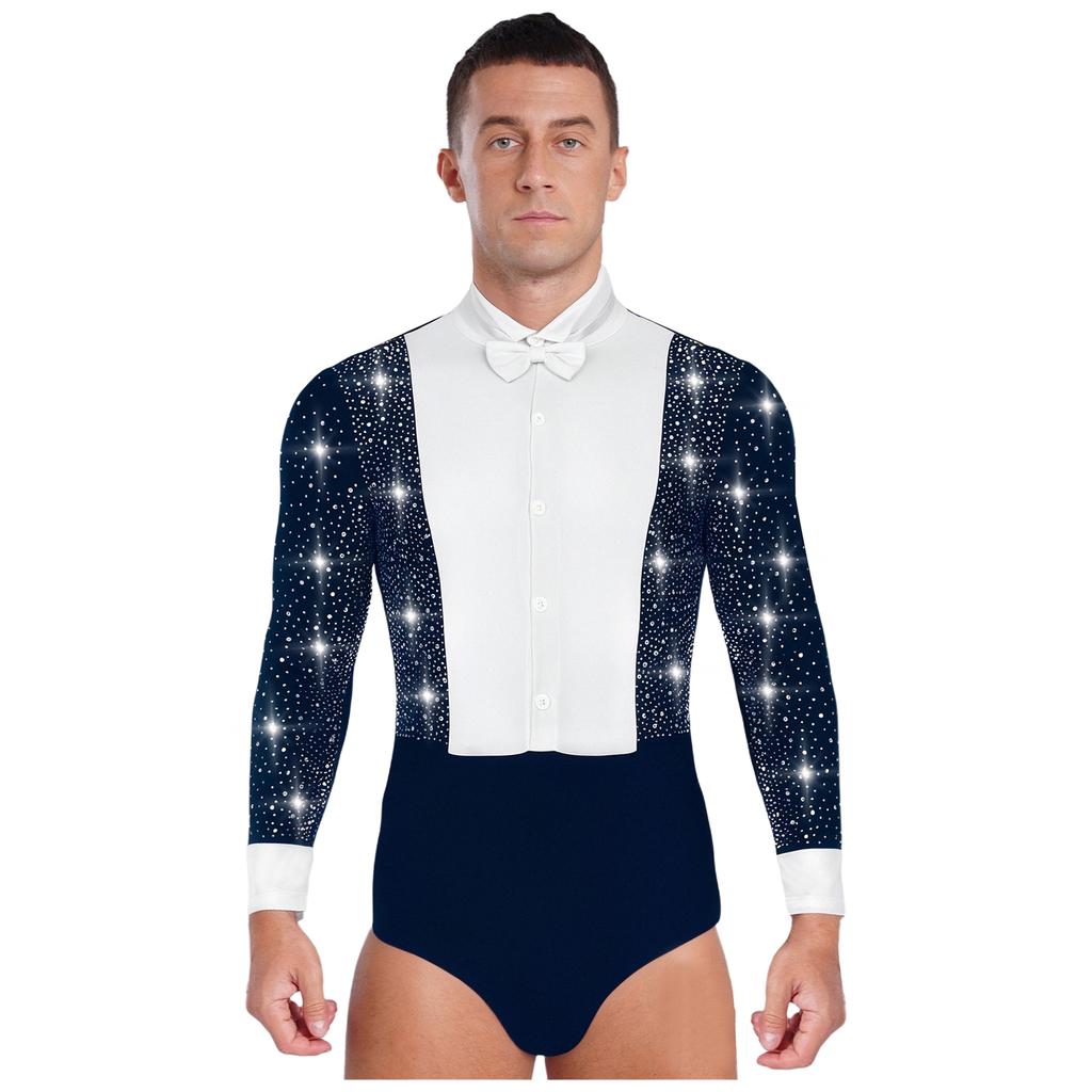 Mens Latin Rumba Ballroom Dance Leotard Long Sleeves Shiny Rhinestones Color Block Bodysuit with Bowtie
