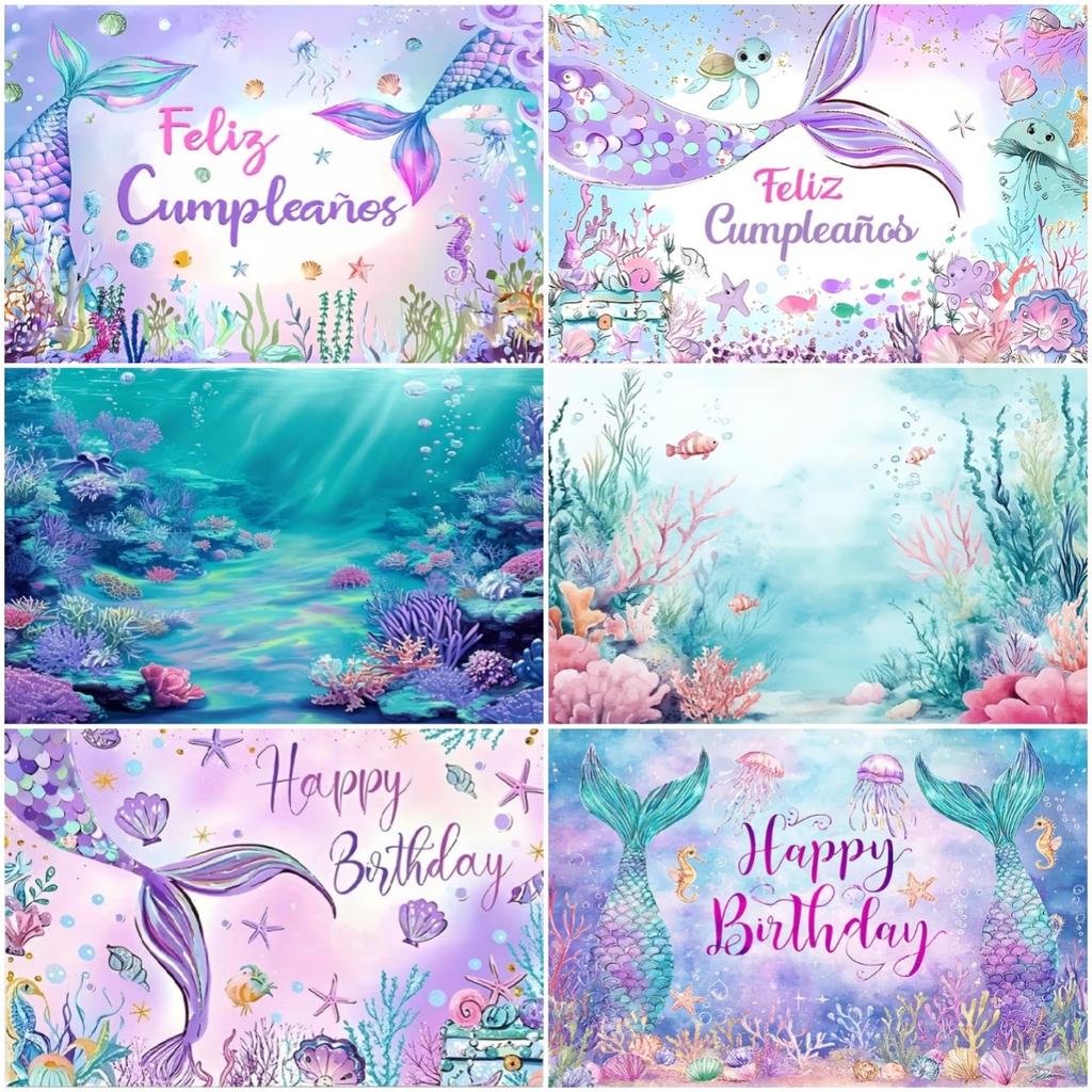 Mermaid Backdrop Girls Princess Birthday Party Decoration Background Under The Sea Photography Supplies Kids Baby Shower Banner