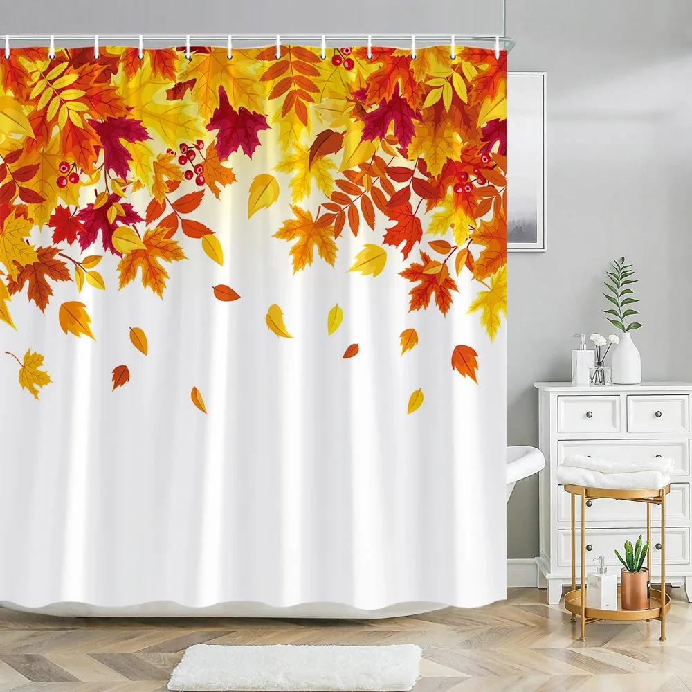 Watercolor Autumn Hanging Leaves Botanical Shower Curtain Fall Thanksgiving Bathroom Bathtubs Decor Easy Care Washable Durable