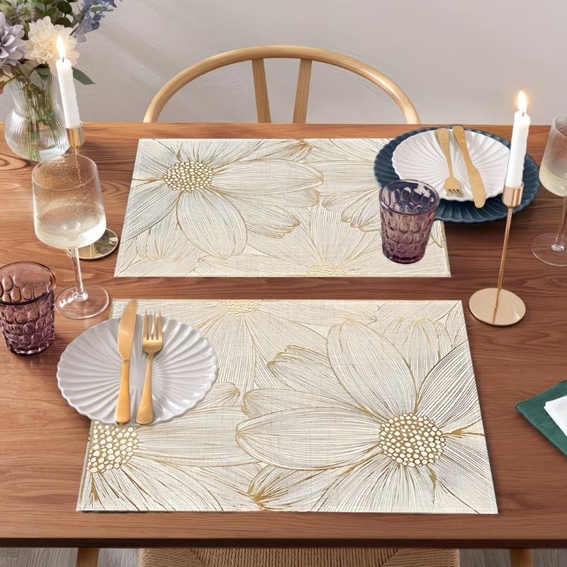 4/6/8pcs Light Luxury Golden Thread Flower Tablemats, 13.39 * 17.72inch, with Simple Lines Depicting Large Flowers, Paired with Champagne Golden