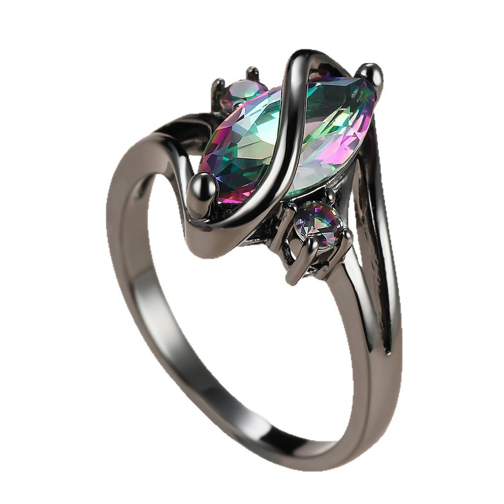 Wish Black Gold Colorful Horse's Eye Stone Edge Small Diamond Ring Retro Personality Ring
