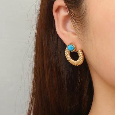 Stainless Steel High-end French Retro Light Luxury Niche Stainless Steel Turquoise Inlaid Fan-shaped Irregular Earrings