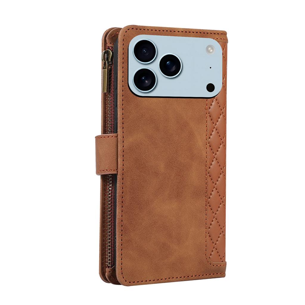 For iPhone 17 Pro Case 9 Card Slots Rhombus Design Leather Phone Cover with Wrist Strap