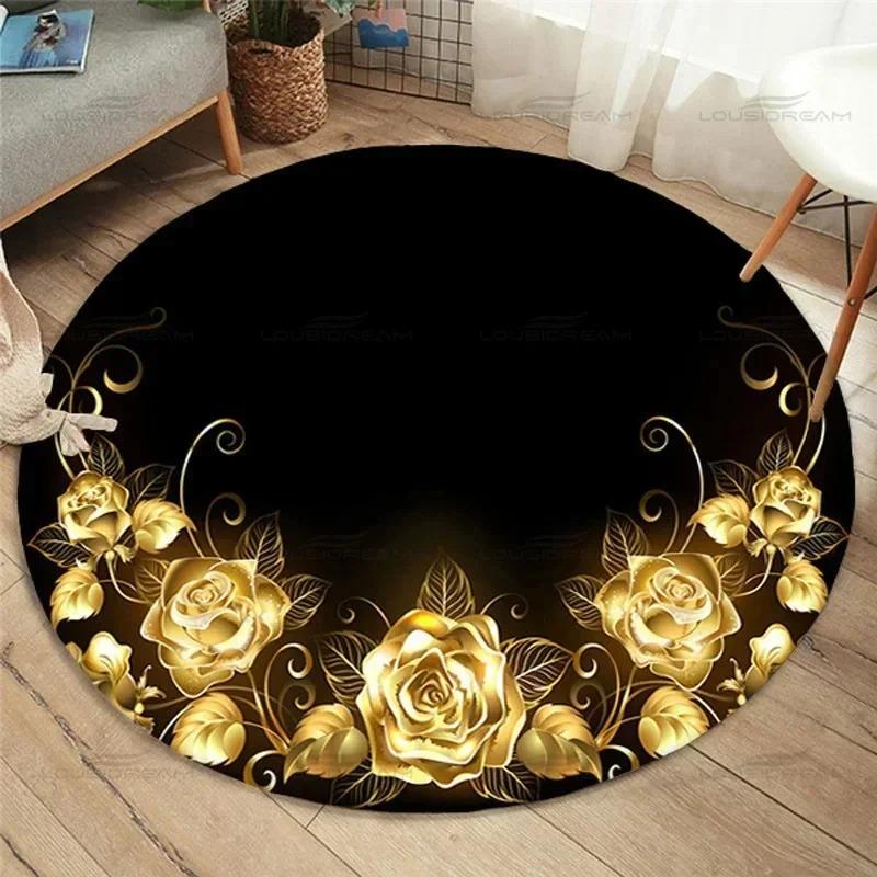 

Gold Rose Pattern Round Carpet Black-Gold Three-Tone Main Palette Romantic Floral Atmosphere Elegant & Luxurious, Indoor Doormat 100cm