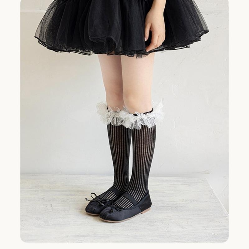 Sweet Style Mesh Dress Socks with Decorative Edge Accent for Toddler Girls Formal Event Under Knee Length Stockings