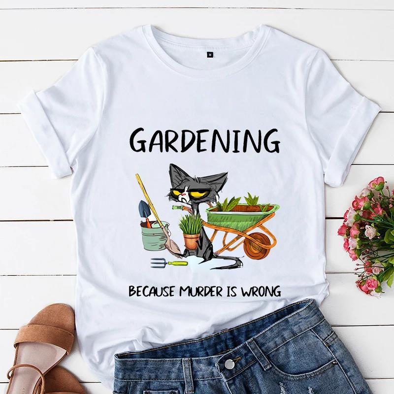 Sommer Kurzarm T-Shirt bedruckt mit Schwarzer Katze Gartenarbeit Lässig Lockeres Oberteil, Modische Reine Baumwoll-T-Shirts Damen