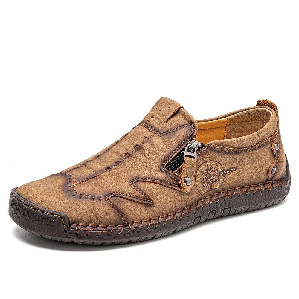 2023 Spring Men s Casual Leather Slip-on Loafers with Fashion Zipper - Large Size, Handmade 40 хаки