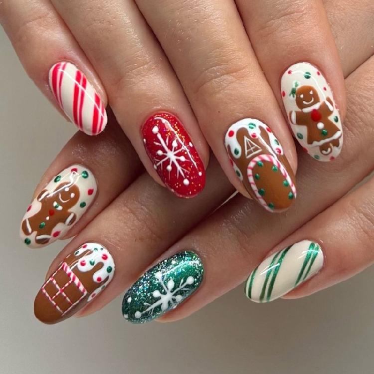 

Chocolate House False Nails Almond Full Cover Stick on Nails Christmas Press On Nails with Gingerbreads Man Designs 1