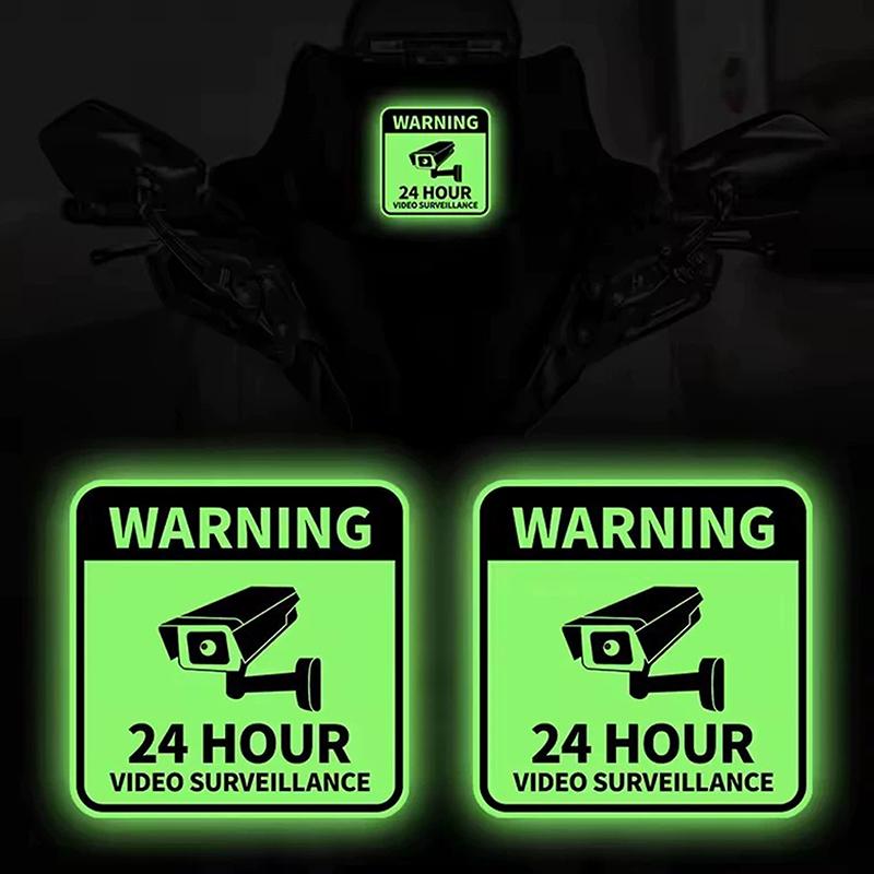 

1Pc Warning 24Hour Video Surveillance Motorcycle Glow Stickers Motorbike Front Fairing Car Window Bumper Glow-In-The-Dark Decals Onesize