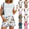 Women's Casual Fashion Crewneck Pleated Vintage Floral Print Shorts Set