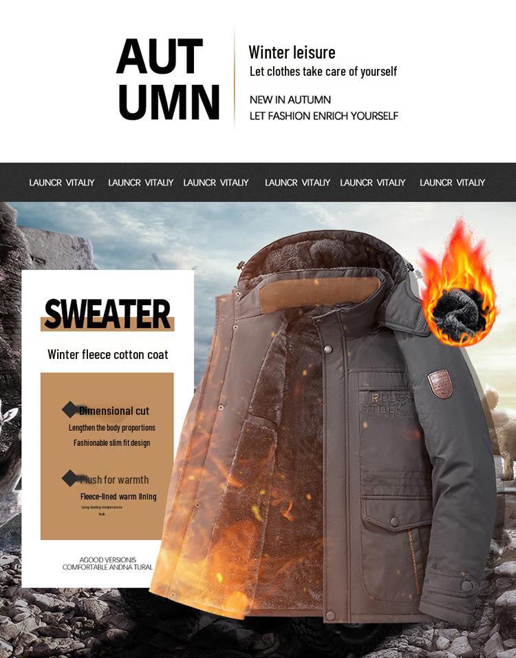Vinterjacka för män, stor storlek, varm - Medelålders & Äldre, köldtålig, tjock bomullsytterkläder med sammetsfoder