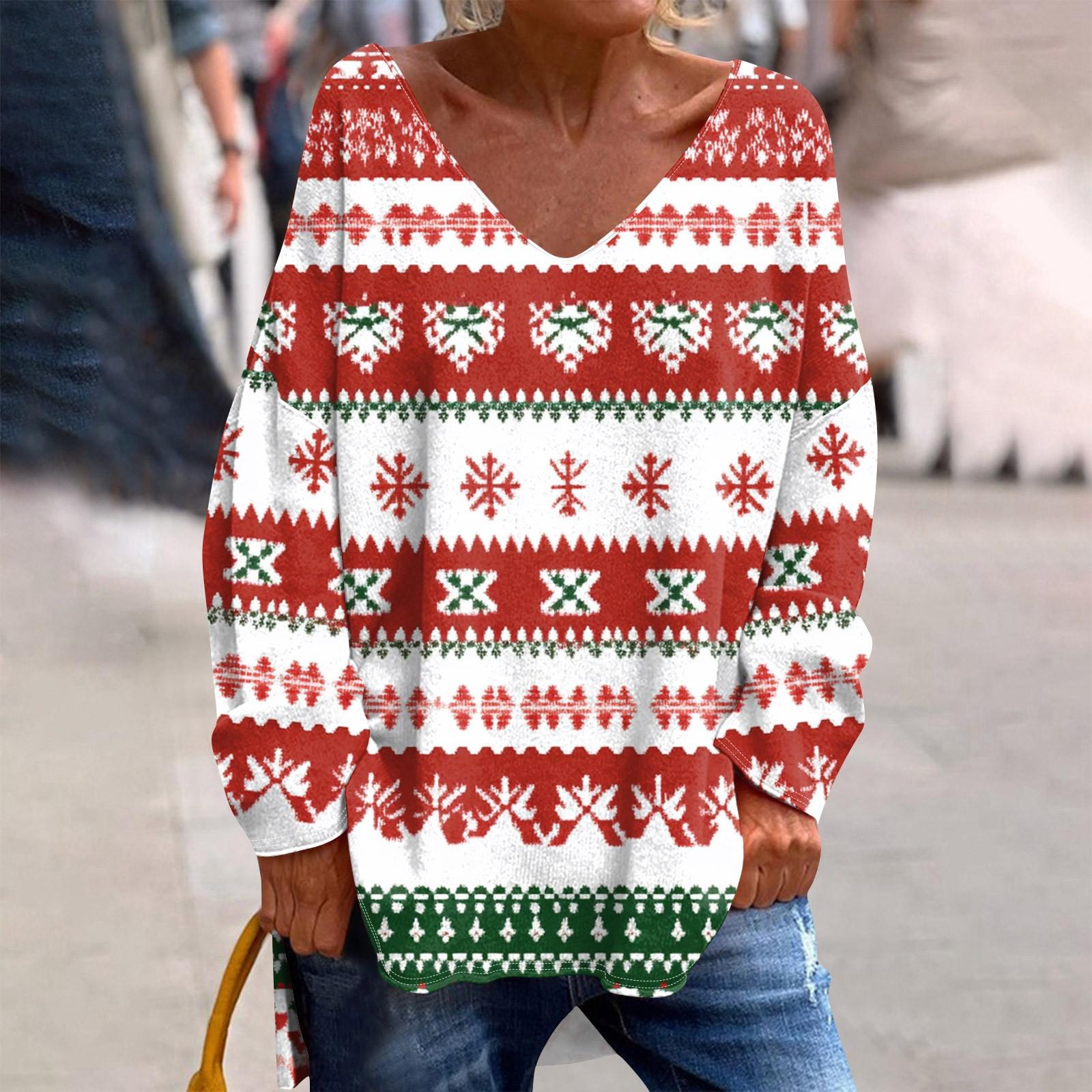 

Женская модная повседневная футболка с длинными рукавами и рождественским принтом с V-образным вырезом M винный