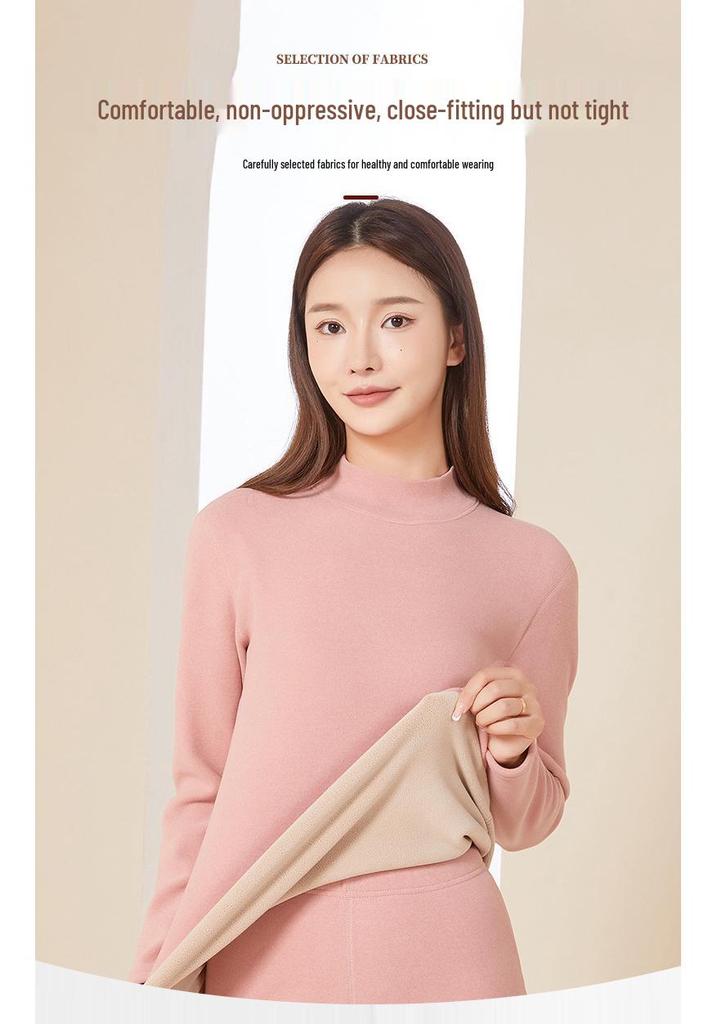 Women's Autumn Lambswool & Fleece Thermal Set: 460g Brushed Velvet Top & Bottoms for Cold Weather