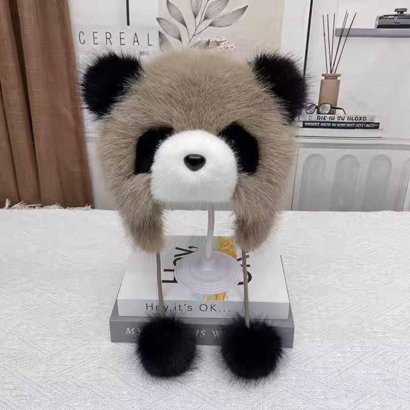Parent-child Autumn and Winter Cute Plush Panda Hat Thick Warm Large Head Circumference Imitation Fox Fur Pullover Hat Earmuffs Hat