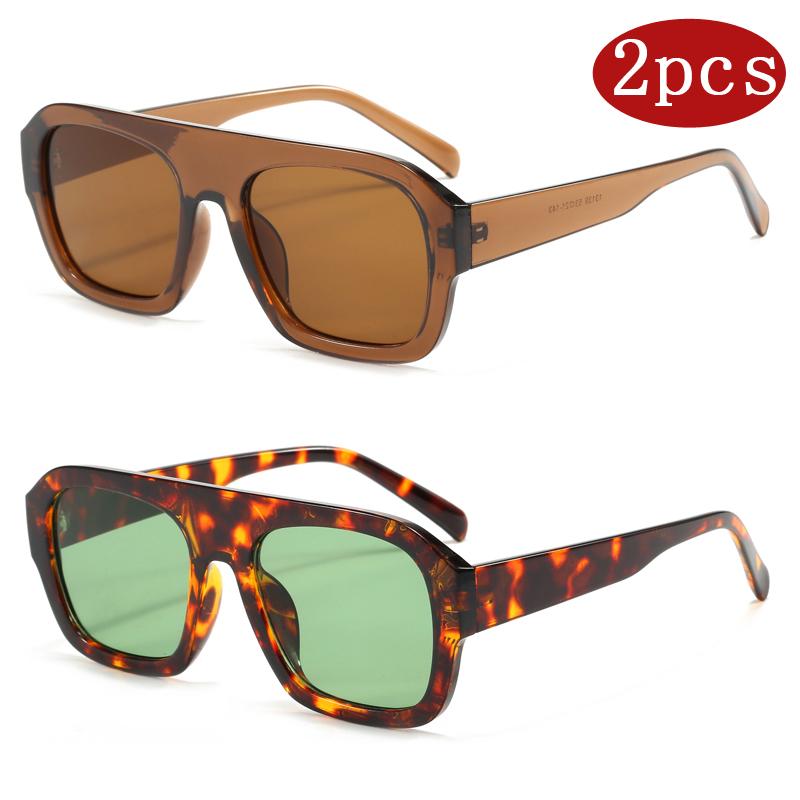 2Pcs Trendy Flat Top Square Frame Sunglasses Women Vintage Polygon Design Sun Glasses Men Leopard Stylish Pilot Shades Uv400