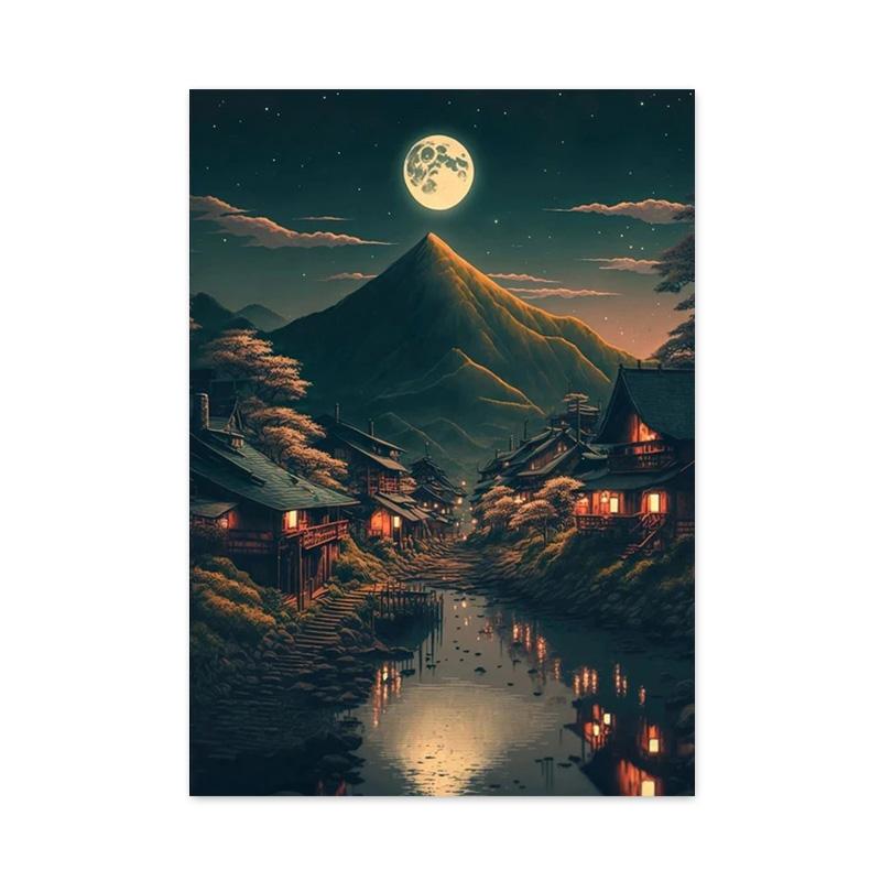 Retro Fantasy Japan House Village Landscape Posters and Prints Canvas Paintings Sakura Lake Wall Art For Living Room Home Decor