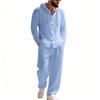 Completo casual da uomo in lino a due pezzi: camicia con cappuccio e bottoni e pantaloni a gamba dritta – perfetti per le vacanze al mare in primavera/estate