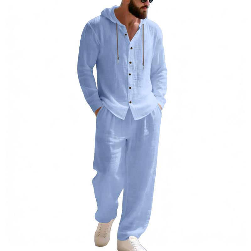 Completo casual da uomo in lino a due pezzi: camicia con cappuccio e bottoni e pantaloni a gamba dritta – perfetti per le vacanze al mare in primavera/estate