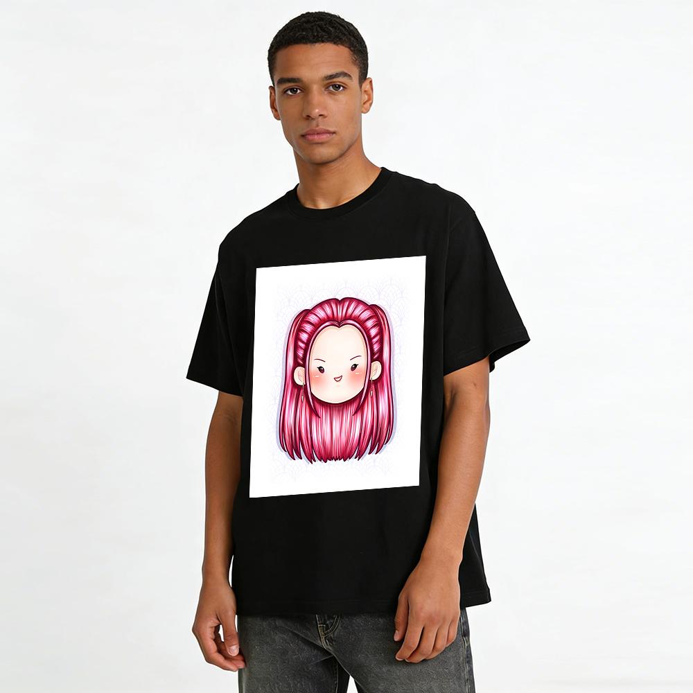Cute Cool Pink Pigtail Cartoon Portrait Print Tshirt Casual Loose Top With Trendy Fun Pattern Pure cotton T-shirt