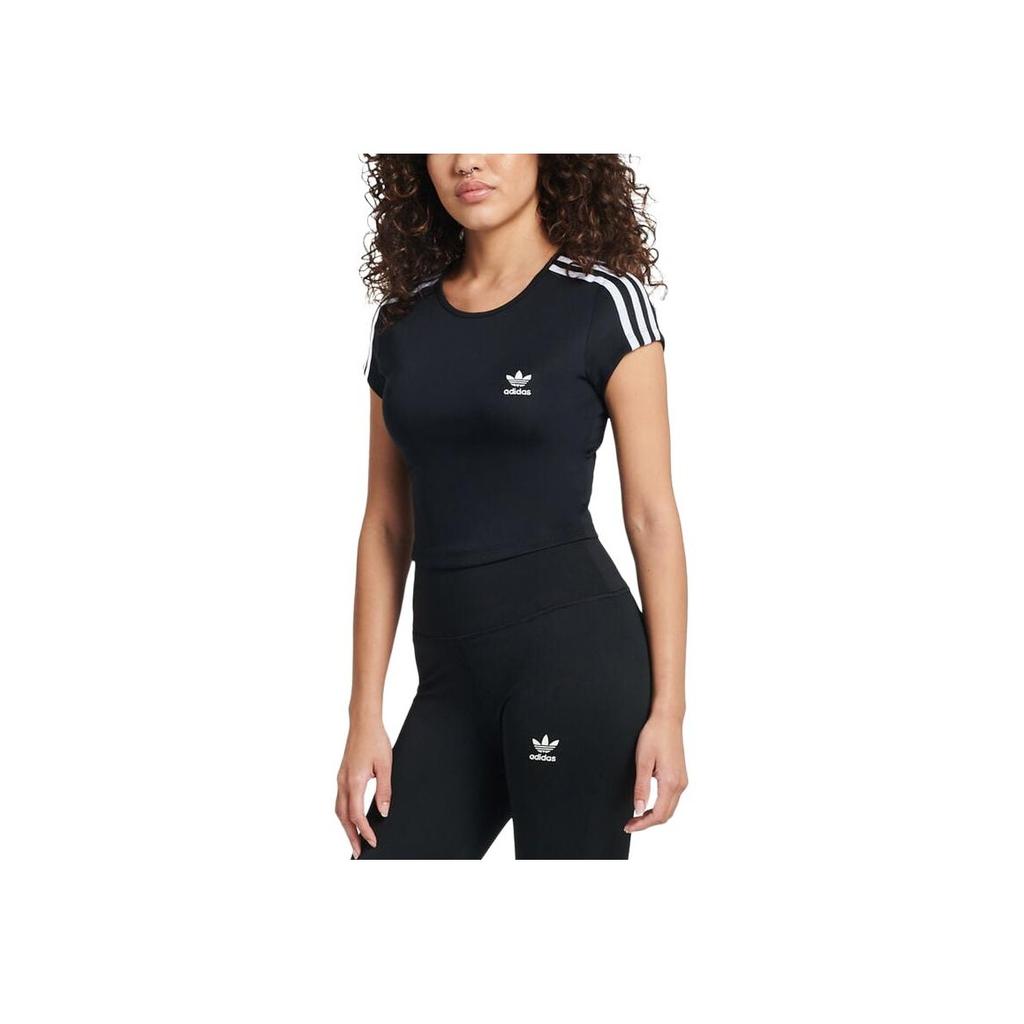 Adidas Originals Solid Stripe Logo Crew Neck Short Sleeve T-Shirt Women Tops Black HM4710