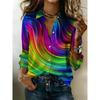 A Lady's Rainbow-print Multi-color Top with Long Sleeves and a Collar, Suitable for Both Casual and Formal Wear, a Must-have Item for All Seasons.