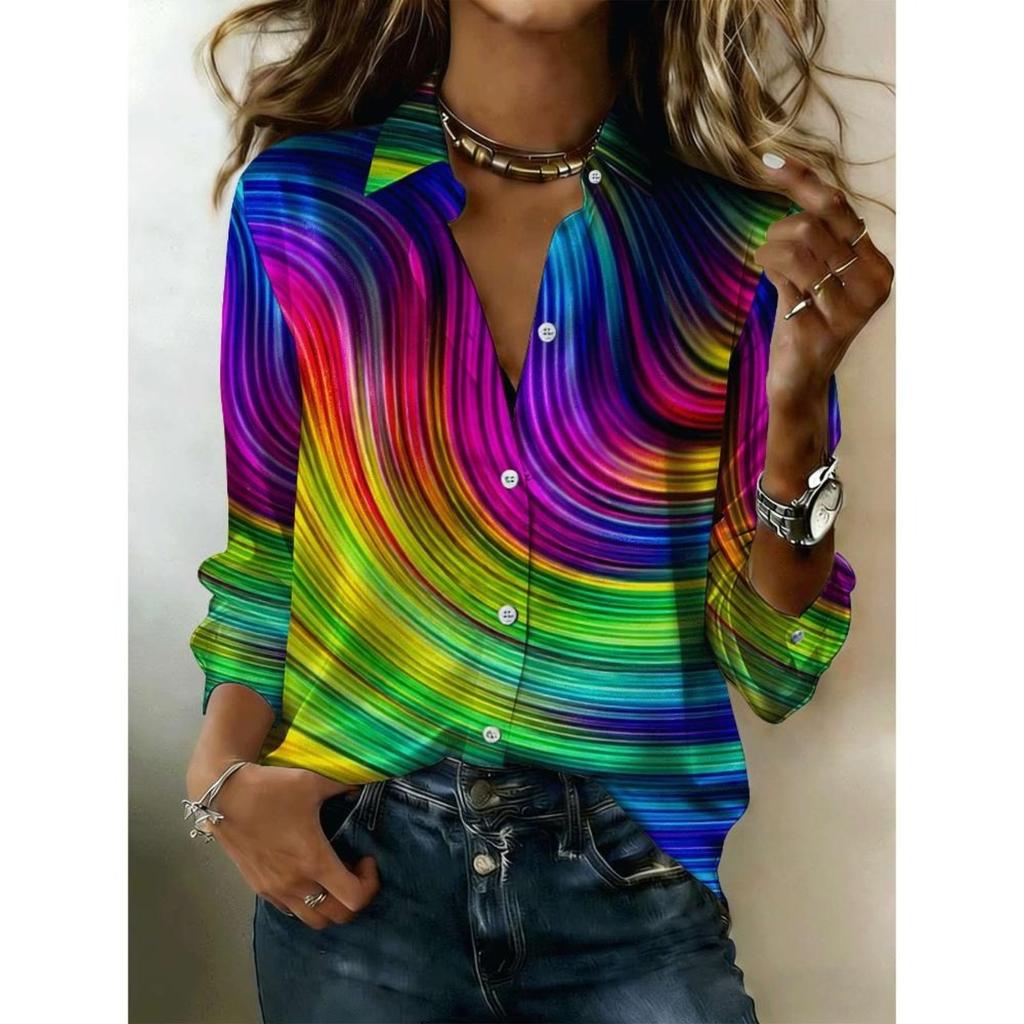 A Lady's Rainbow-print Multi-color Top with Long Sleeves and a Collar, Suitable for Both Casual and Formal Wear, a Must-have Item for All Seasons.