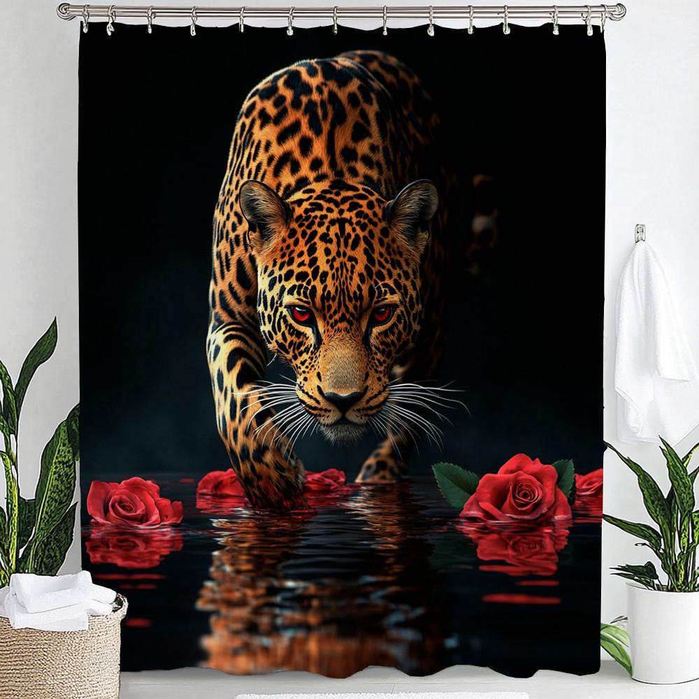 

1Pc Red Rose, Flowers And Leopard Print Waterproof Shower Partition Privacy Hanging Curtain With Hooks Machine Washable W60H190(CM)-1 Pcs