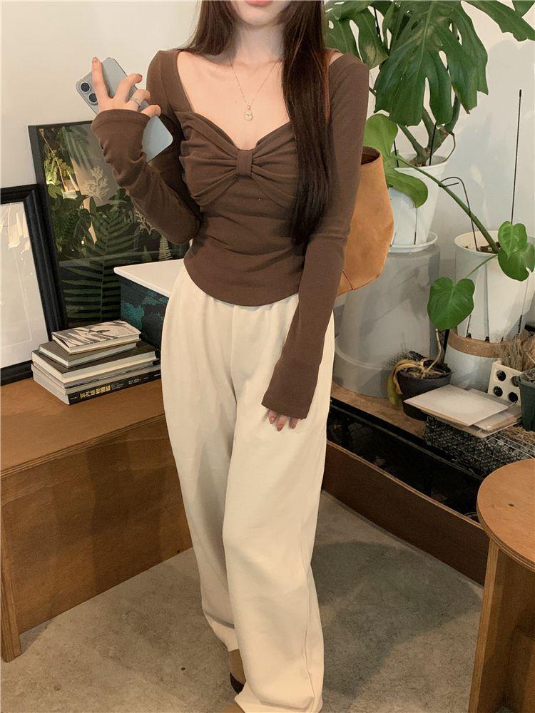 2025 Autumn/Winter Women's Coffee Bowknot Slim Fit Long Sleeve Base Layer Top