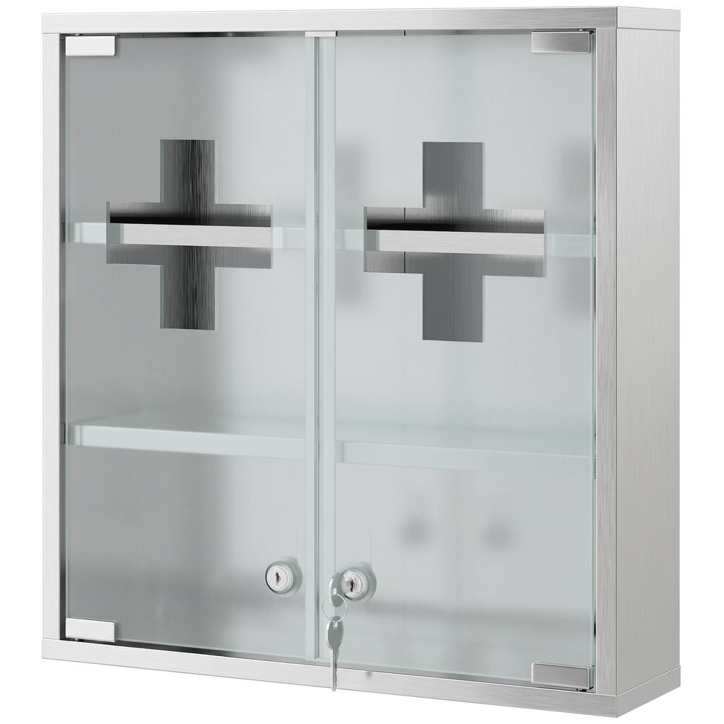 Wall-mounted medicine cabinet with lockable glass doors, 2 keys, storage shelves, 46 x 12 x 48 cm, silver