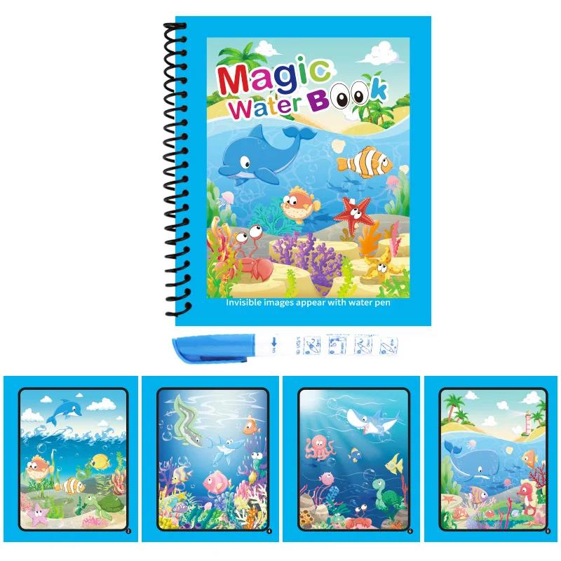Magical Book Water Drawing Reusable Coloring Book Magic Water Drawing Book with Pen Ocean Dinosaur Animal Water Drawing Pictures