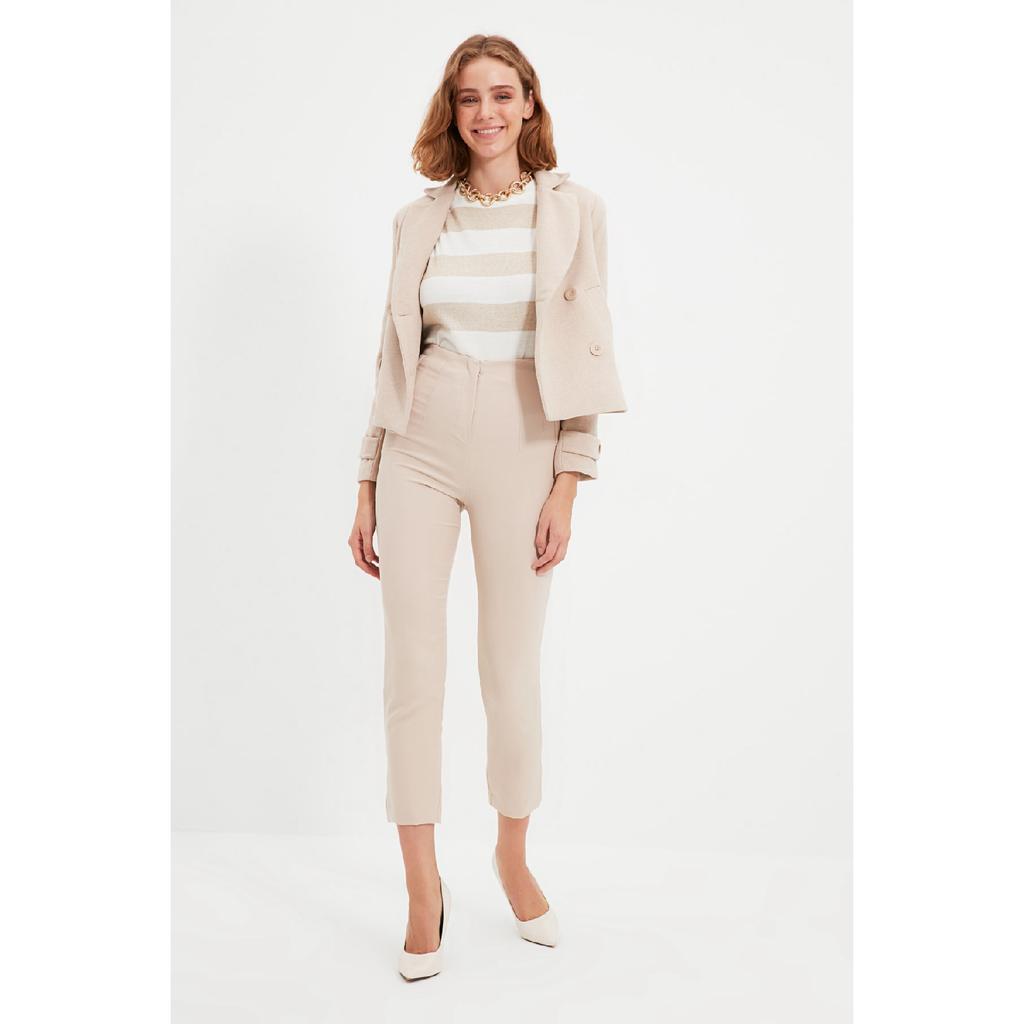 Czarne tkane spodnie w papierosowe wzory, z wysokim stanem i do kostek Twoss20pl0515