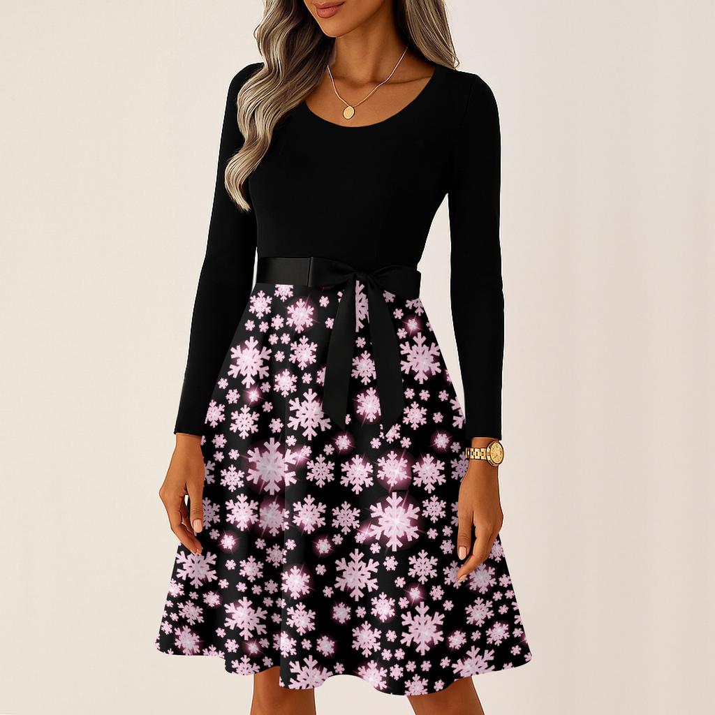 Damskie Codzienne Modne Długie Sukienki Vintage z Długim Rękawem i Świątecznym Nadrukiem Graficznym