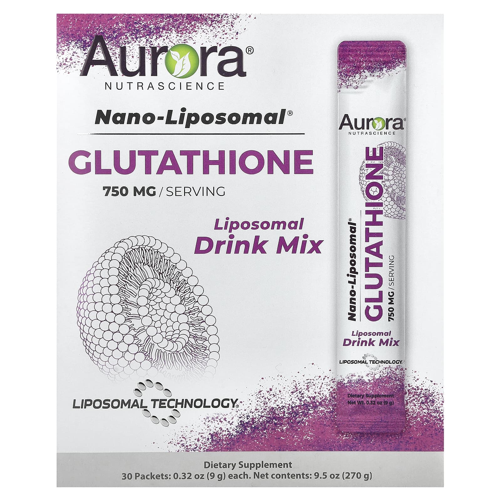 

Aurora Nutrascience, Nano-Liposomal, Glutathione, Liposomal Drink Mix, 750 мг, 30 упаковок, 9 г (0,32 унції) кожен