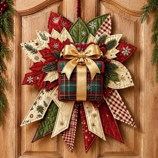Handgefertigte Stoff-Weihnachtsdekorationen DIY Gesteppte Schleife Nähbastelset, Vorgeschnittene Patchwork-Feiertagsmaterialien für Erwachsene Set, Türhänger Wandkamin Zuhause