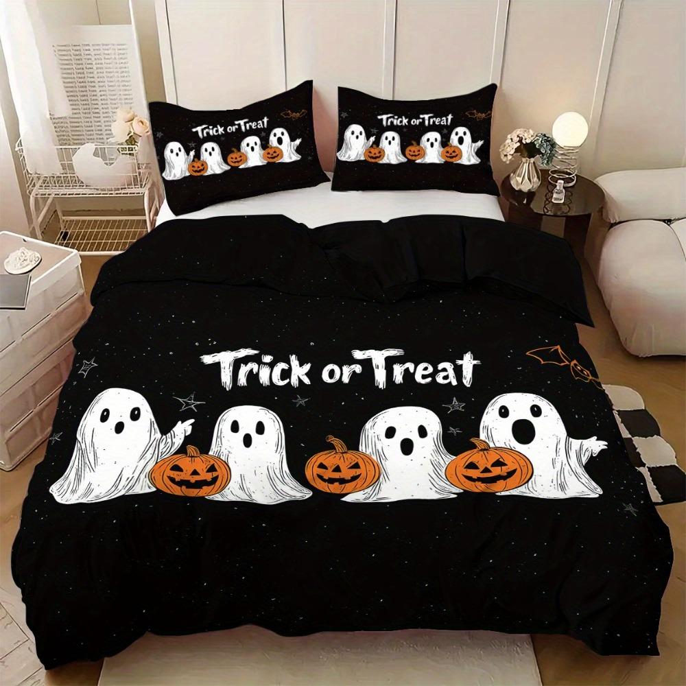 3pcs Bedding Set Black Ghost Pumpkin Print Cozy Soft Duvet Cover King Queen Twin Size Birthday Gift Halloween Gift Bedroom Decor