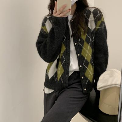 Retro Diamond Knitted Cardigan Women's Autumn and Winter New Lazy Wind Loose Casual Sweater Jacket Top