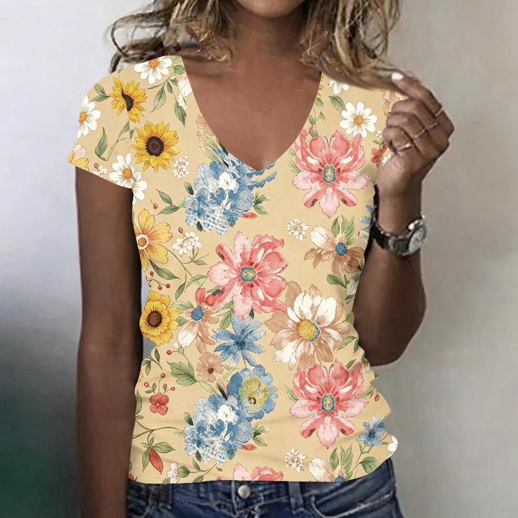 Women Casual V Neck Short Sleeve Floral Print T Shirt Lightweight Soft Fabric Summer Top for Everyday Wear
