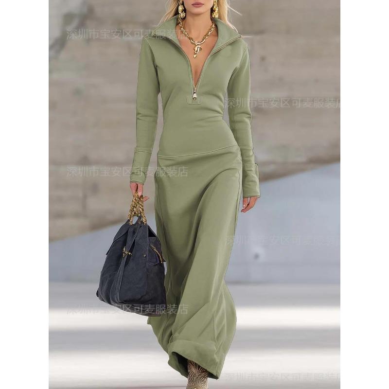 

New women s clothing half zipper collar autumn and winter slim-fitting long-sleeved casual solid color long dress S оливковый