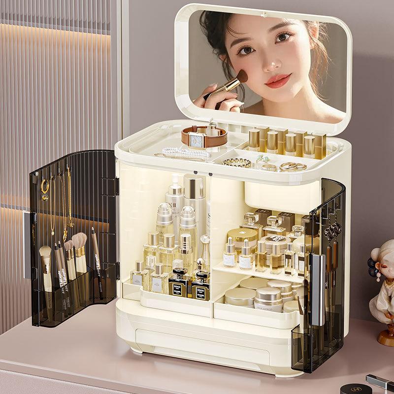 Large Capacity Organizer Box with Mirror Cosmetics Storage Box Bedroom Dressing Table Skincare  Jewelry Drawer Rings Storage Box