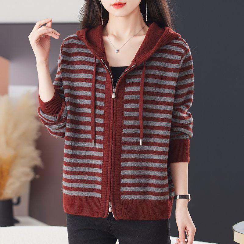 

Hooded Sweater Loose Zipper Jacket Fashionable Casual Knitted Cardigan Striped Top S