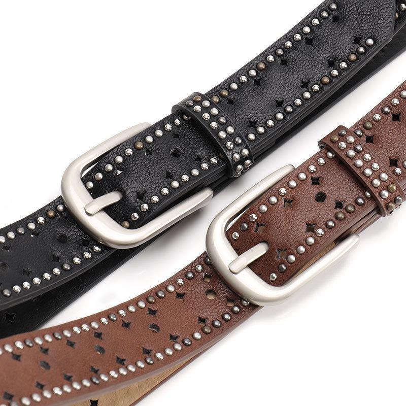 Belt for Women, Versatile Jeans Punched Decorative Belt Punk Double Row Rivet Niche Design Belt for Women
