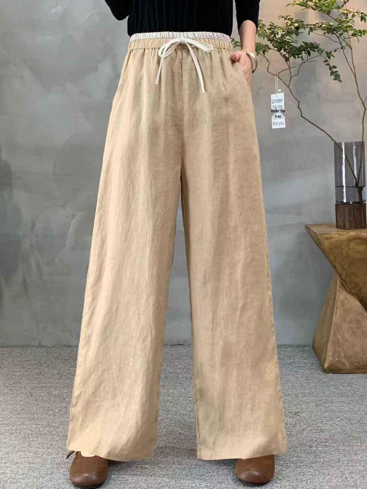 

Contrast Waist Wide-Leg Linen Pants - 2026 Spring Collection: High Waist, Loose Fit, Versatile, Casual Style One Size