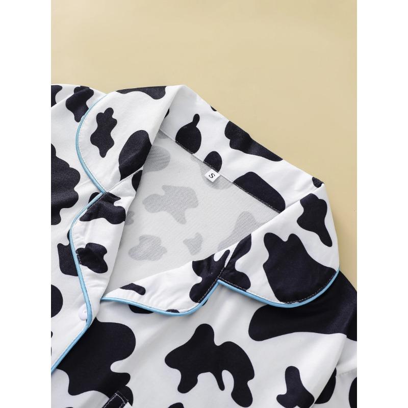 Two-piece set of women's pajamas lapel top and trousers cow pattern summer casual women's pajamas home wear