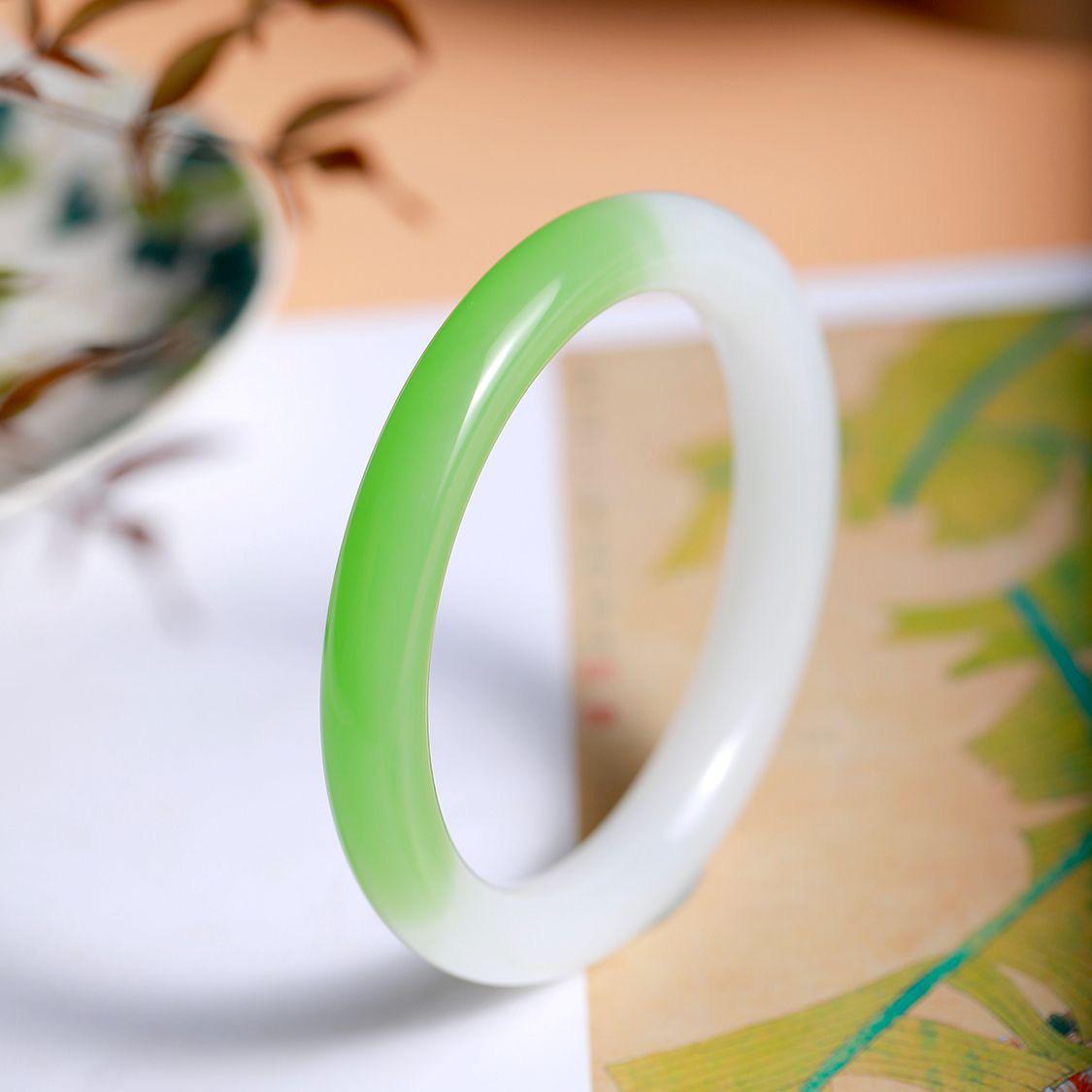 

Ancient Style White Green Jade Bangle: Floating Flower Women s Bracelet Inner Diameter 56-57mm